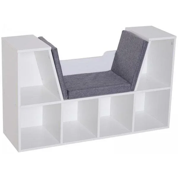 Bücherschrank Bücherregal mit Sitzkissen Standregal Regal mit Sitzbank Holz Leinen Weiß 102 x 30 x 61
