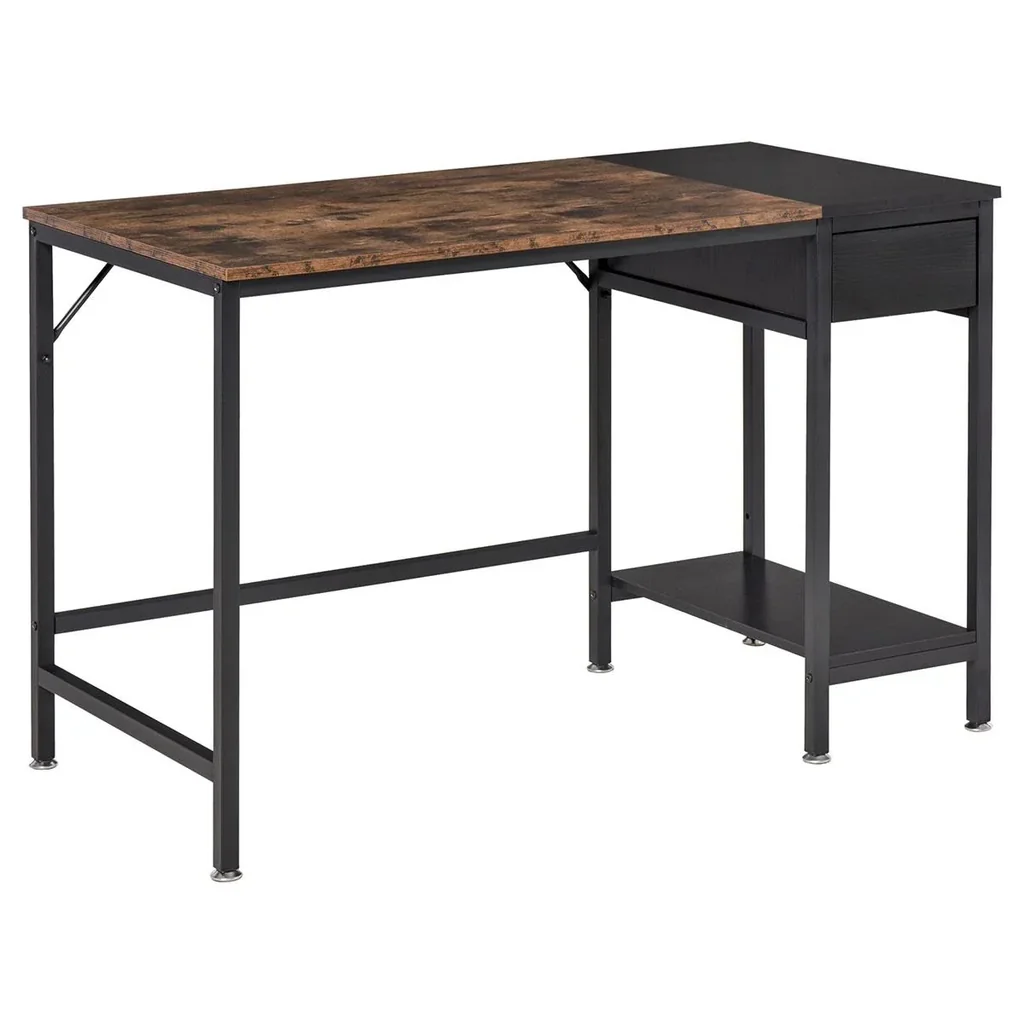 Schreibtisch mit Regal Computertisch Höhenverstellbar Bürotisch Spanplatte Metall Rustikales Braun+Schwarz 120 x 60 x 75