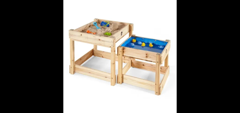 Sand- und Wassertisch Sandy Bay, Outdoor-Spieltisch für Kinder aus Holz, 2er Set, natur
