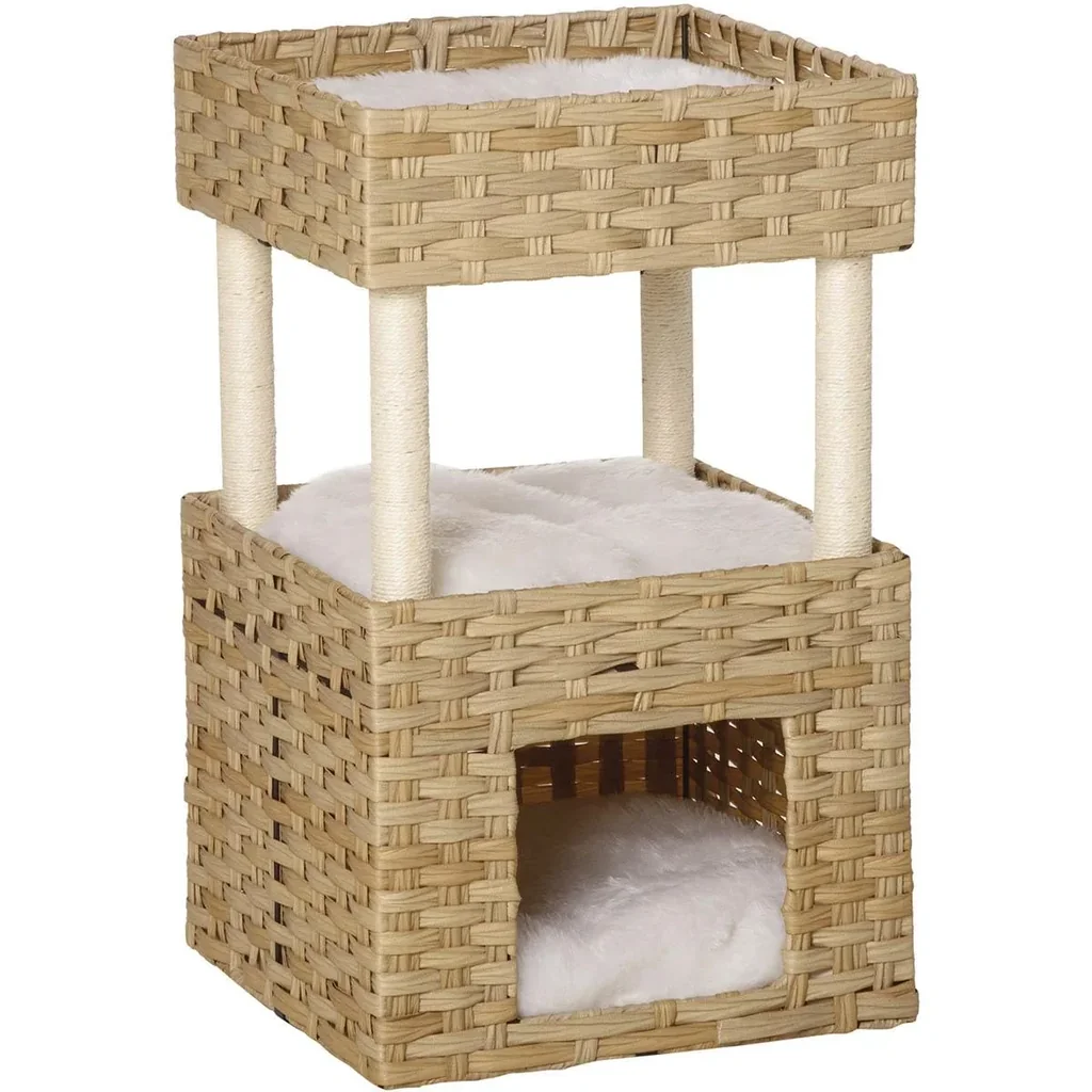 Rattan Katzenkorb 3-stöckiges Katzenbett Katzenhöhle Katzenturm mit 3 Kissen Liegedach Sisal Natur 40 x 40 x 70 cm