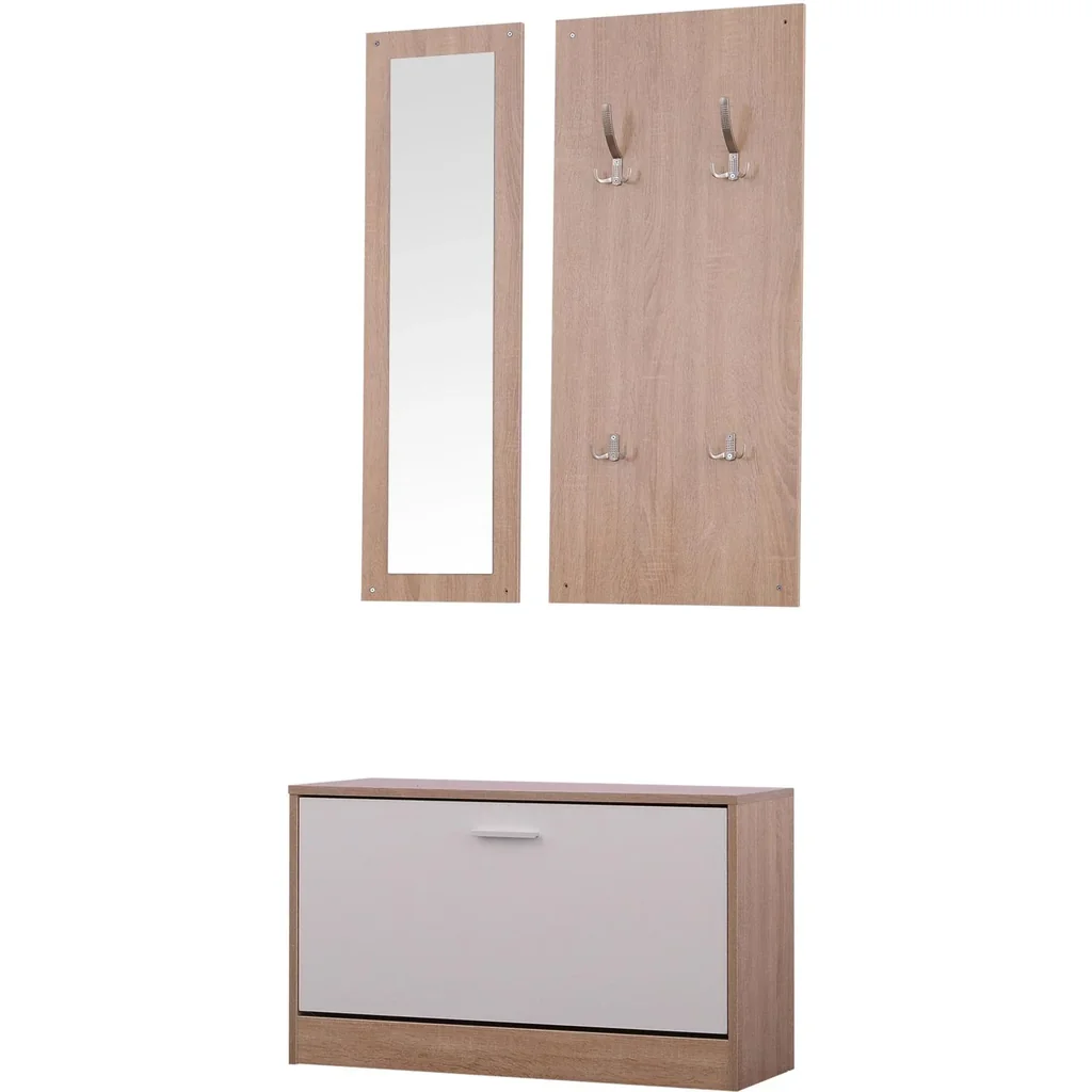 3-teiliges Garderoben-Set Flurgaderobe mit Schuhschrank Garderobe Wandspiegel 4 Haken Natur 30 x 100 cm