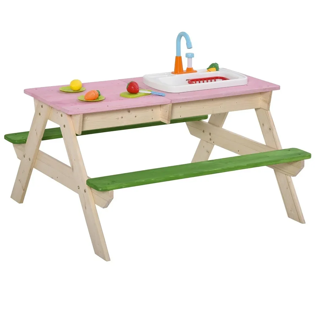 2-in-1 Kinder Campingtisch mit 2 Sitzbänke Matschküche Spieltisch mit Wasserhahn Holz Spieltisch für Kinder 3-7 Jahren F