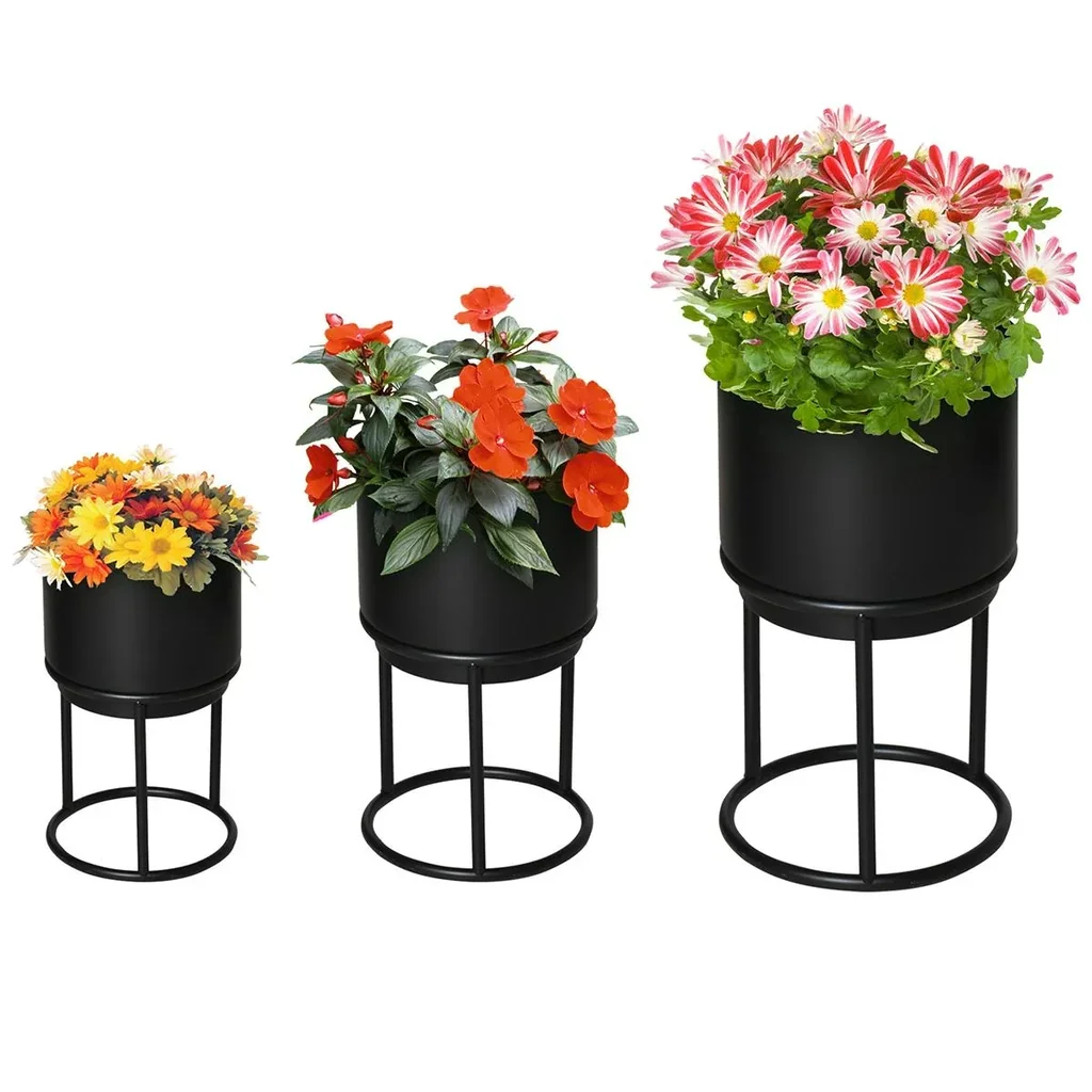 3er Set Blumenständer mit Blumentopf aus Metall Pflanzenständer Set Blumenhocker Blumentopfhalter Pflanzenhocker Schwarz