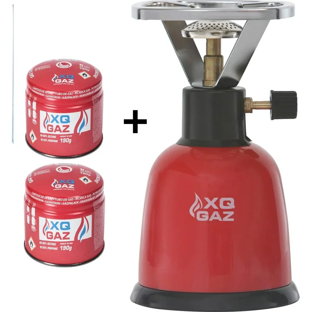 XQGaz 1-Brenner Camping-Gaskocher - BASIC - 190 GRAM - Inklusive zwei Gasnachfüllungen