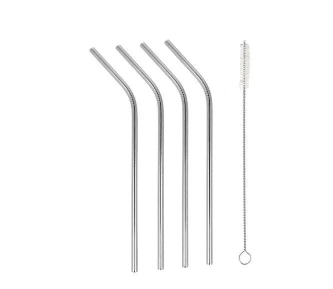 Trinkhalme Inox, geknickt, Edelstahl, mit Reinigungsbürste, 5-teilig