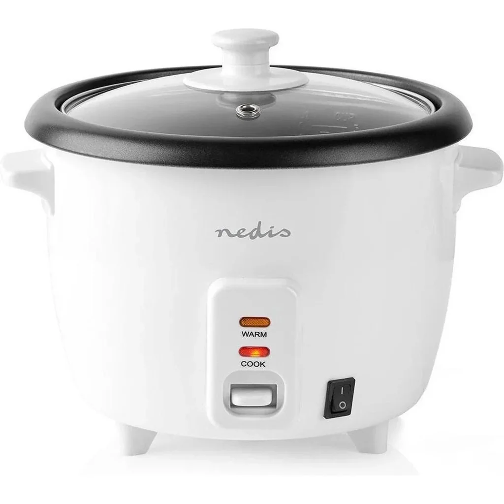 Nedis Reiskocher Abnehmbare Pfanne 1L Dämpfkorb Glasdeckel Inkl. Messbecher und Schöpflöffel 400W Weiß