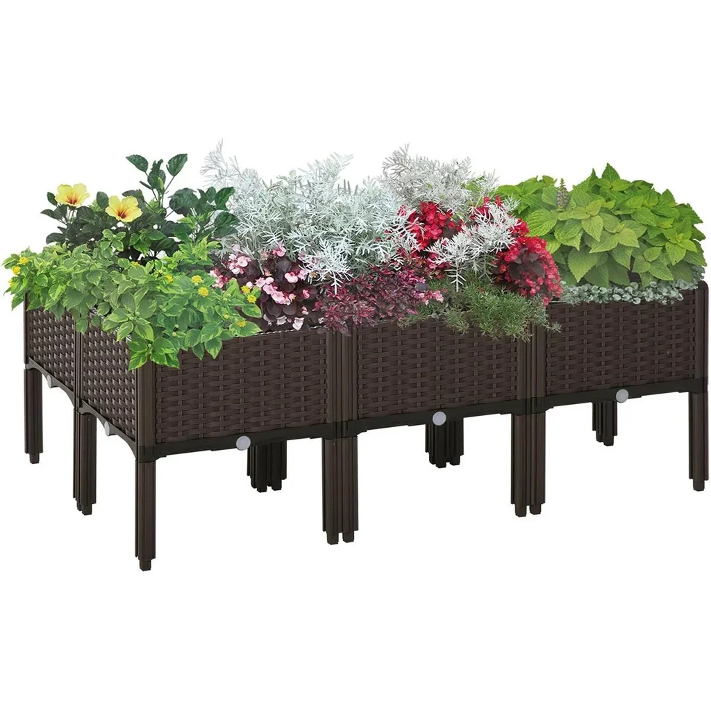 Hochbeet 6-teiliger Pflanzkasten mit Abflusslöchern Rattan-Look Blumenkasten DIY Braun 40 x 40 x 44 cm