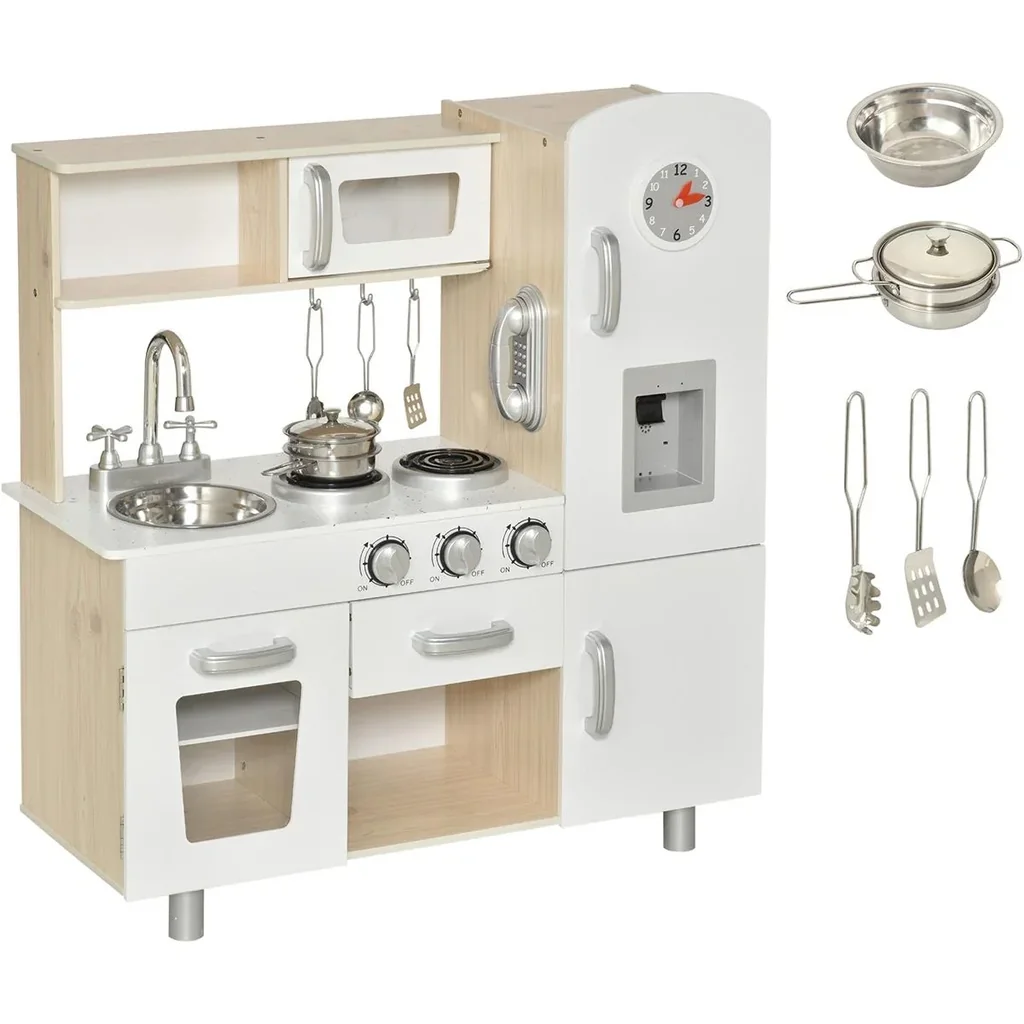 Kinderküche mit Zubehör, Traumküche, Spielküche, Spielzeugküche für 3 Jahre+, Kiefer, MDF, Weiß, 74 x 30 x 81 cm