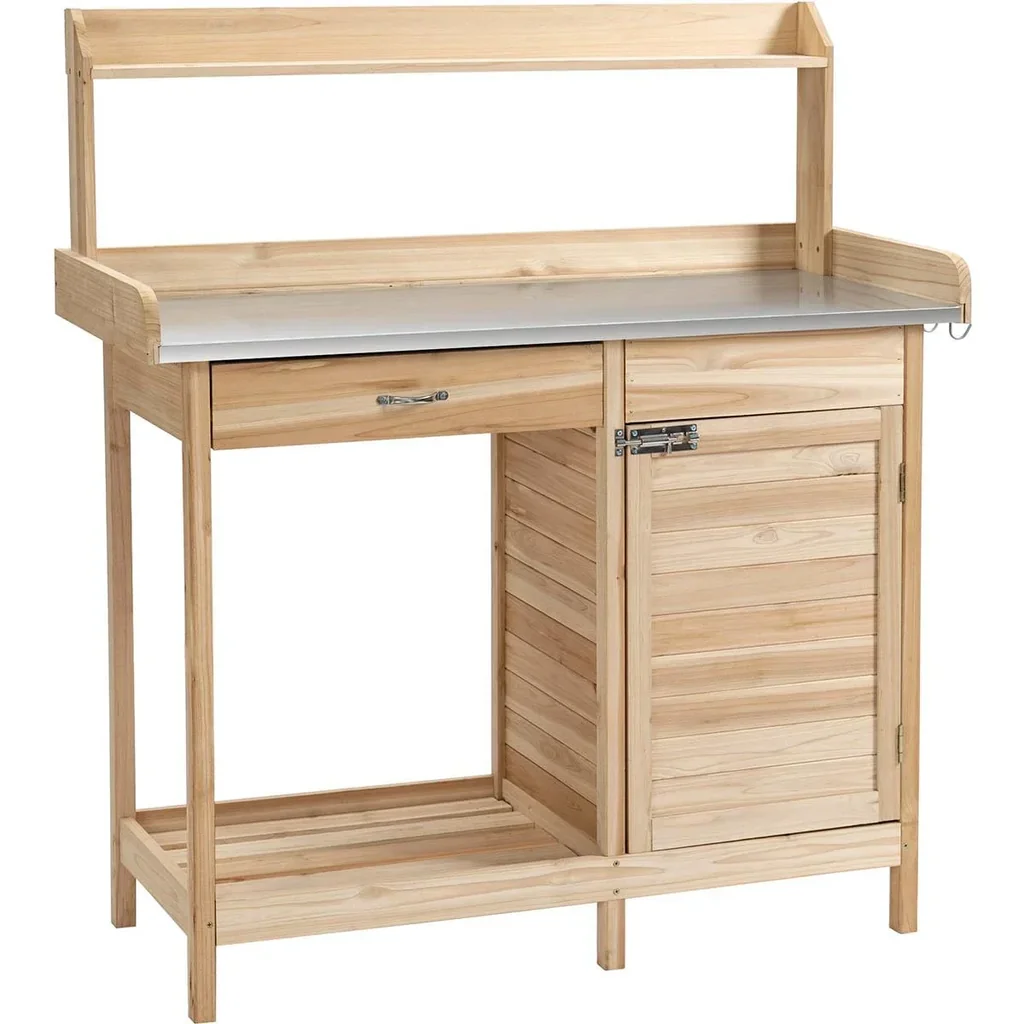 Pflanztisch mit verzinkter Arbeitsplatte Gärtnertisch mit Schublade Schrank Garten Arbeitstisch Massivholz Natur 112 x 4
