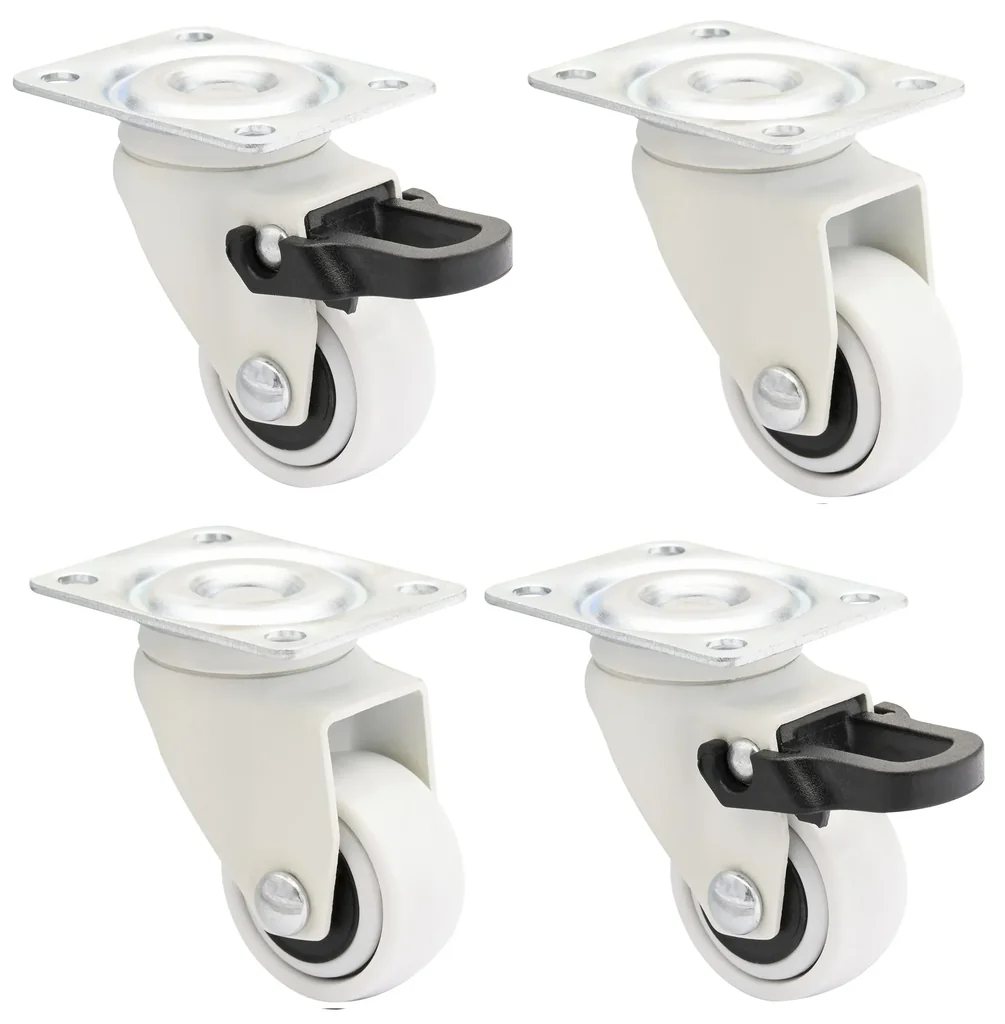 Design 3C Lenkrollen 4 teiliges Set - Ø 25 mm, soft, weiß, 2 Rollen mit & 2 ohne Feststeller, Tragkraft 12 kg / Rolle