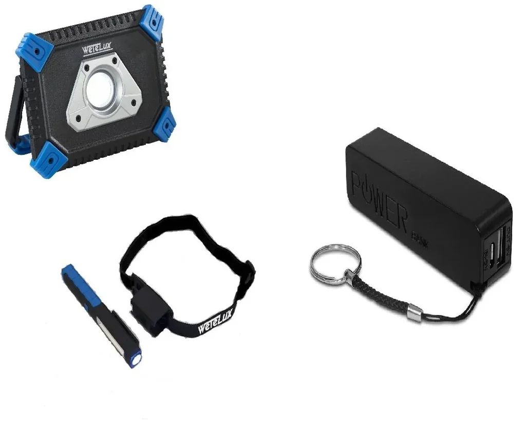 COB-LED AKKU FLUTER mit Powerbank + Arbeits- und Stirnleuchte + Powerbank