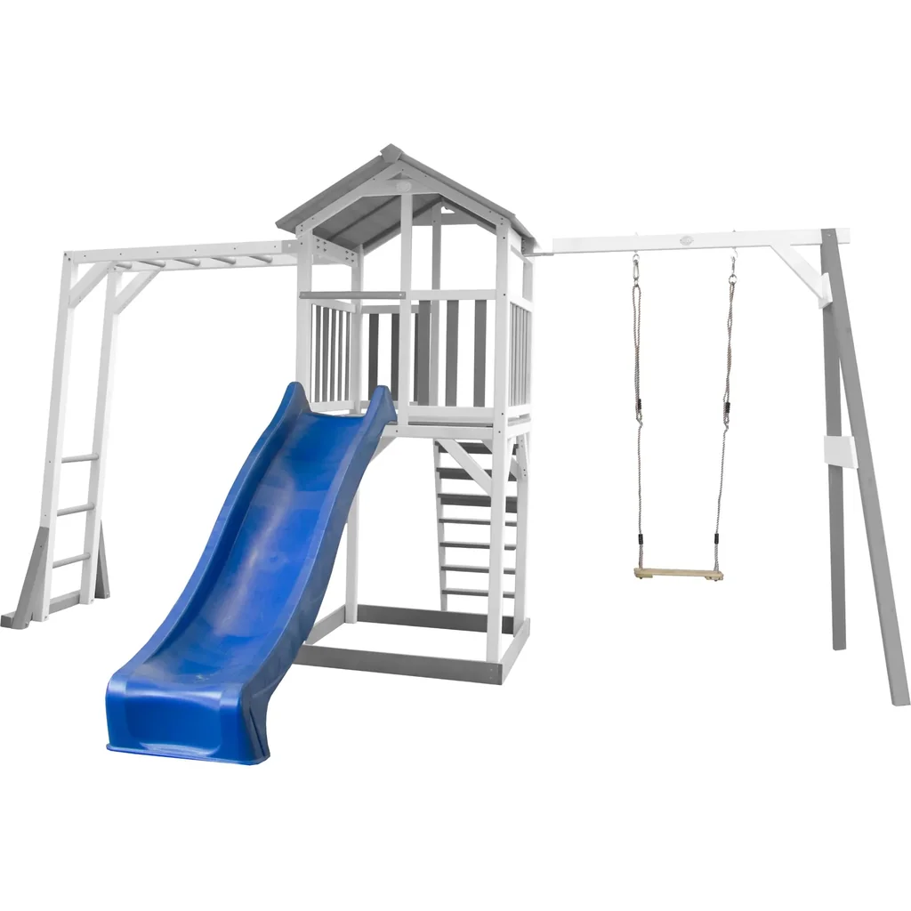 Beach Tower Spielturm mit Klettergerüst und Einzelschaukel - Blaue Rutsche