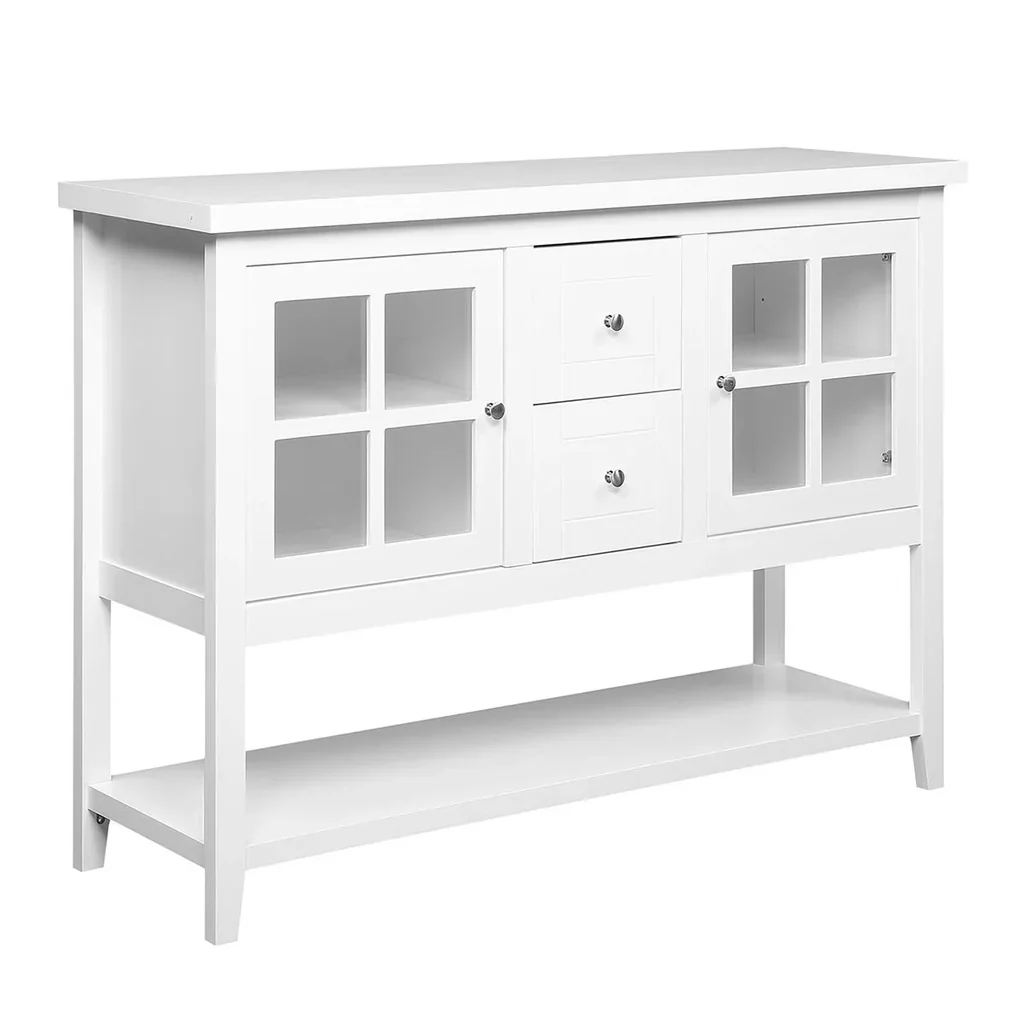 Küchenschrank Sideboard Aufbewahrungsschrank elegant mit zwei Glastürschränke offenes Regal zwei Schubladen Anti-Kipp-De