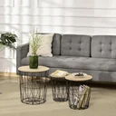 Couchtisch Beistelltisch 3-teilig Nachttisch Satztisch Wohnzimmer Schlafzimmer Metall MDF Naturholz+Schwarz Ø42 x 45H c