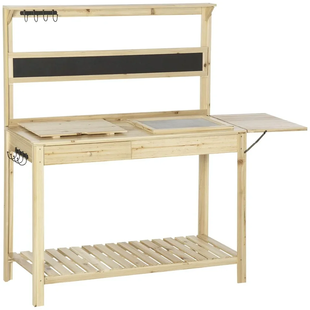 Pflanztisch Gärtnertisch mit 8 Haken Schublade Ablage Blumentisch aus Holz für Garten Terrasse Natur 151 x 45,5 x 143 cm