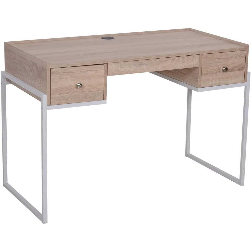 Schreibtisch Computertisch Laptoptisch Bürotisch 3xSchublade verstellbar Holz+Metall Natur+Weiß 114x55x77cm