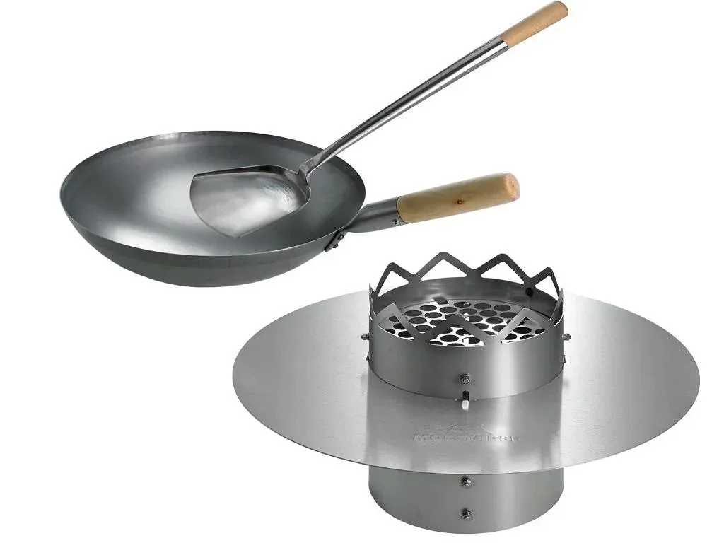 WOK N BBQ Komplettpaket - für Kugelgrill (60cm) inkl. Stahlwok, Ablagering und Woklöffel
