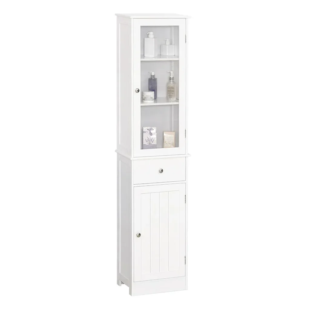 Badezimmerschrank, Badschrank, Vitrine, Küchenschrank mit Schublade, Regale, MDF, Acryl, 40 x 27 x 171,5 cm, Weiß
