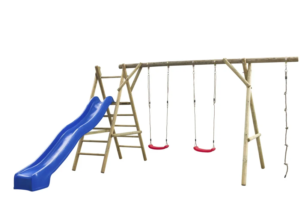 Doppelschaukel Noortje Rundholz mit Kletterseil, Treppe und Rutsche in blau