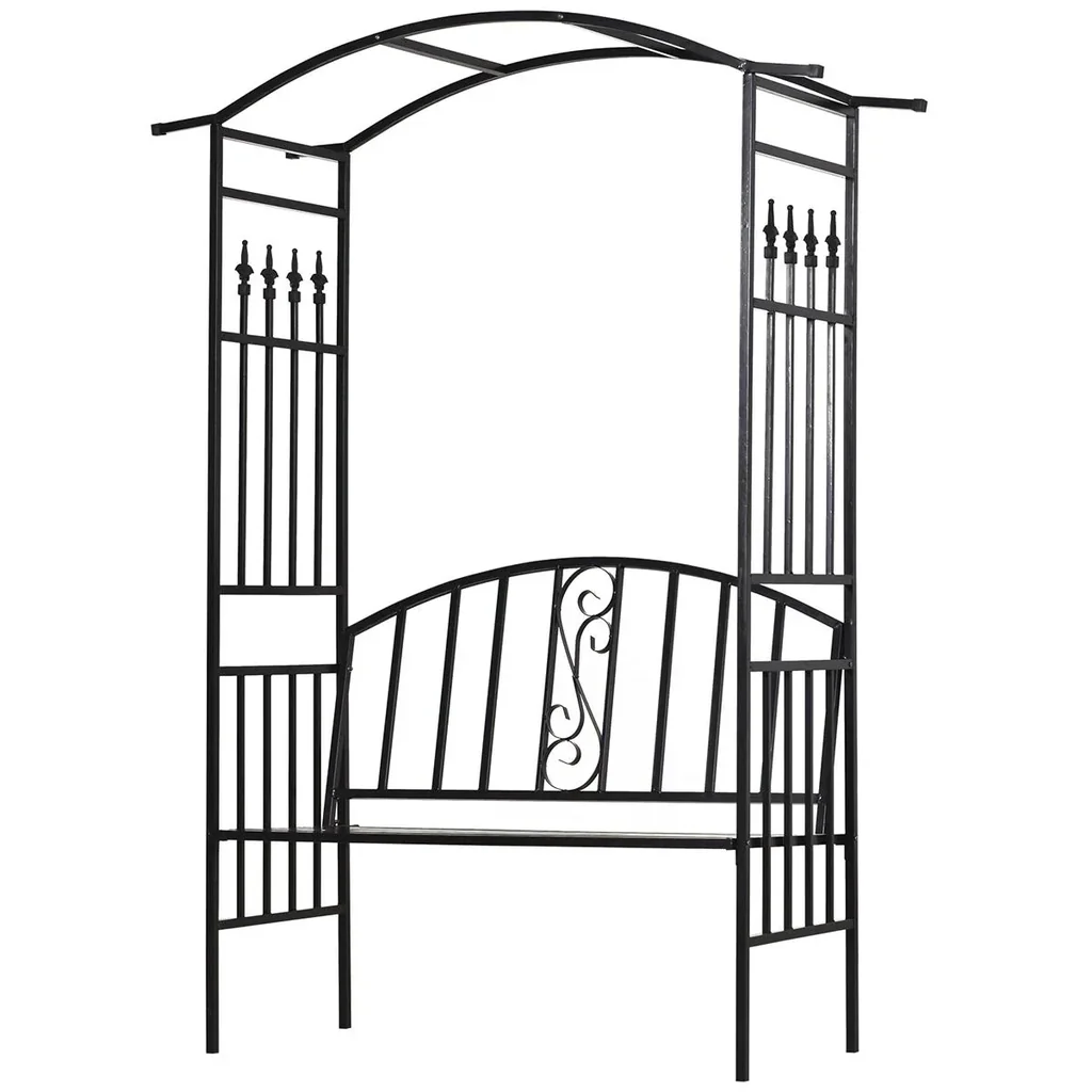 Pflanzbogen mit Sitzbank Bank Torbogen Rankgitter Rankhilfe Garten Bogendach Metall Schwarz 152 x 58 x 207 cm