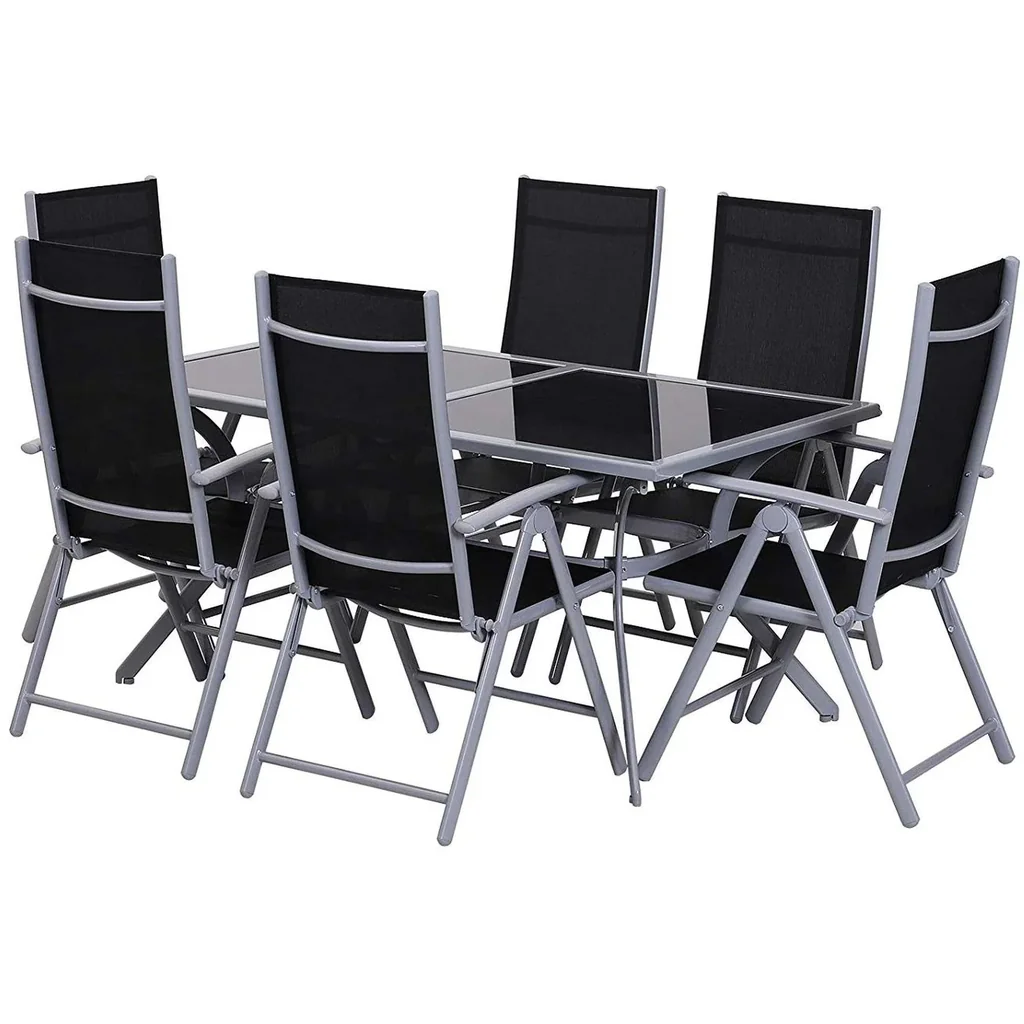 Alu Gartentischset mit schwarzer Glasplatte klappbar, mit 6 Stühlen