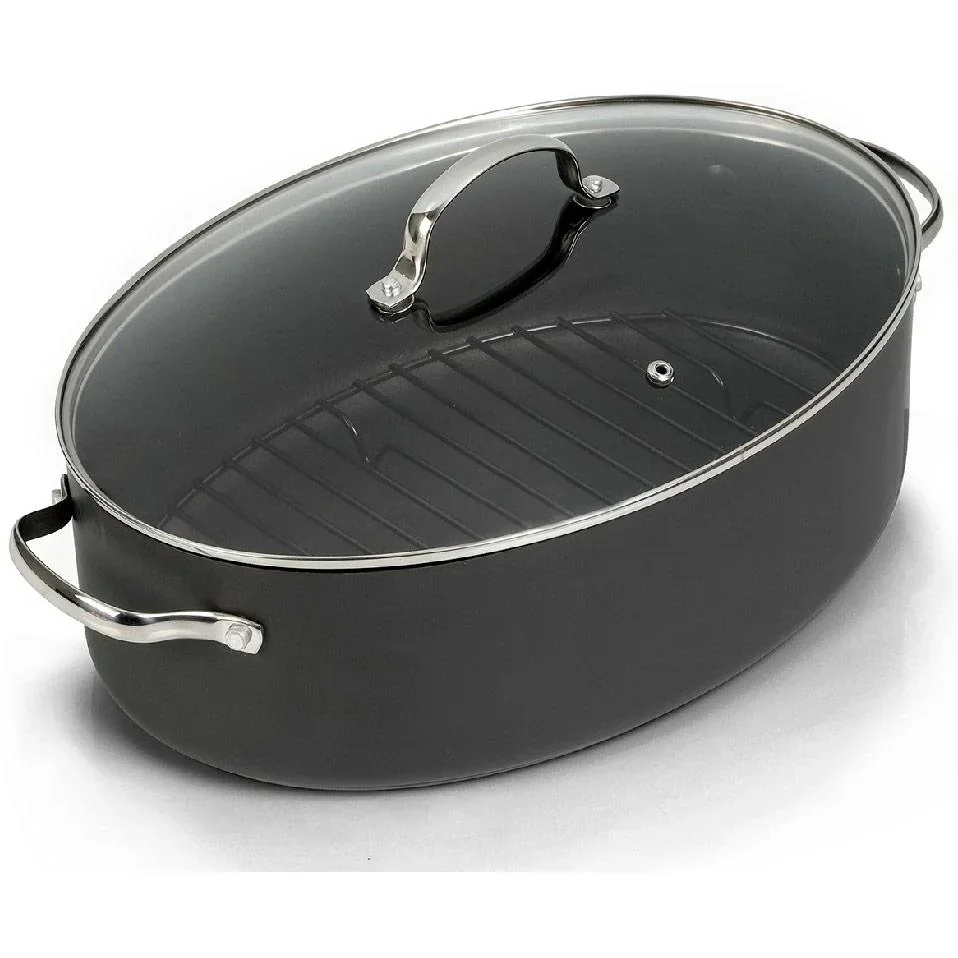 Mehrzer - Ovale Bratpfanne mit Grillrost und Glasdeckel - 36 cm