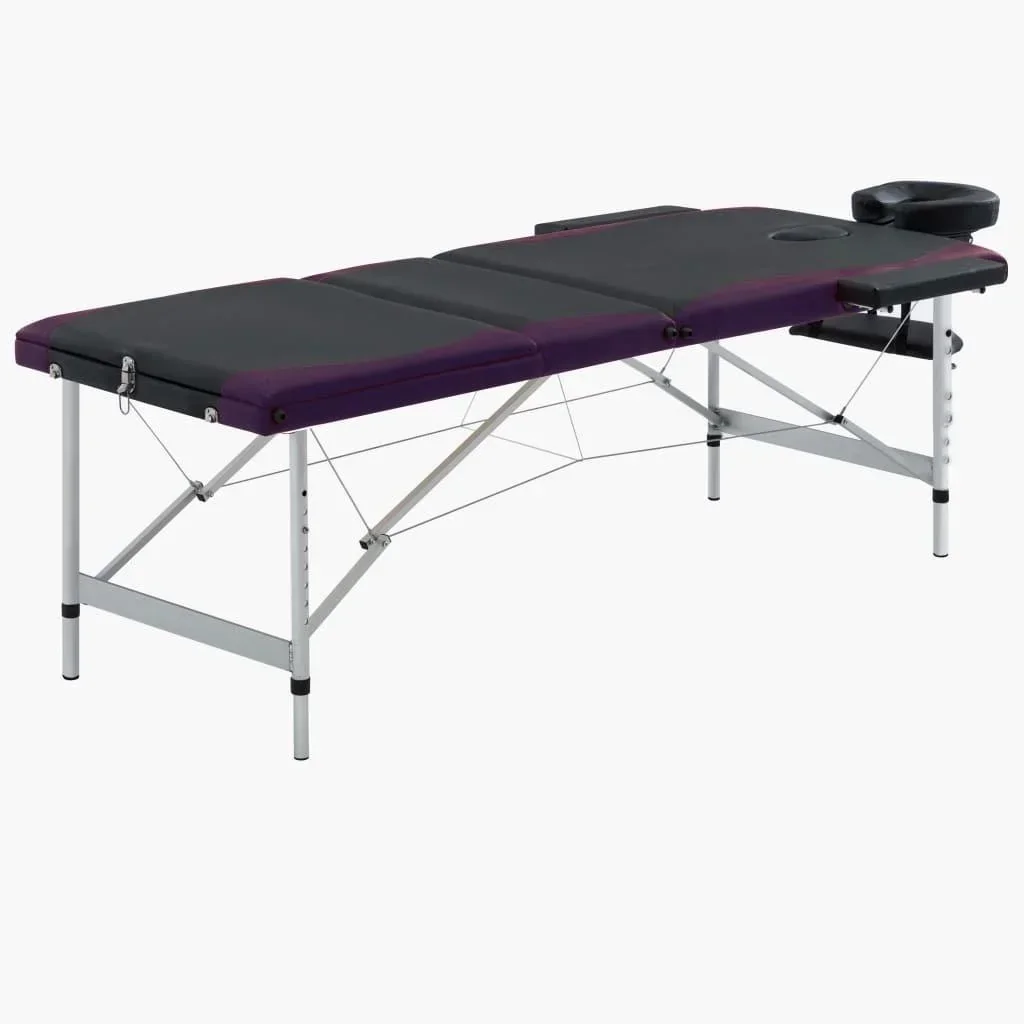 Klappbarer Massagetisch mit 3 Zonen (Aluminium, schwarz und lila)