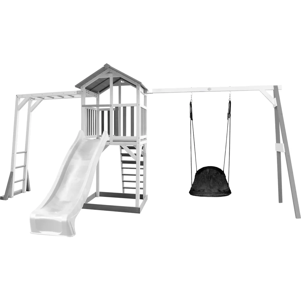 Beach Tower Spielturm mit Klettergerüst und Roxy Nestschaukel - Weiße Rutsche