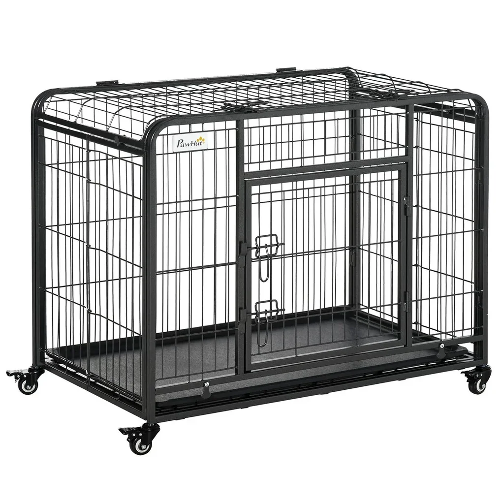 Hundekäfig faltbarer Transportkäfig mit Rädern 2 abschließbare Türen und abnehmbares Tablett Metall Grau+Schwarz 94 x 58