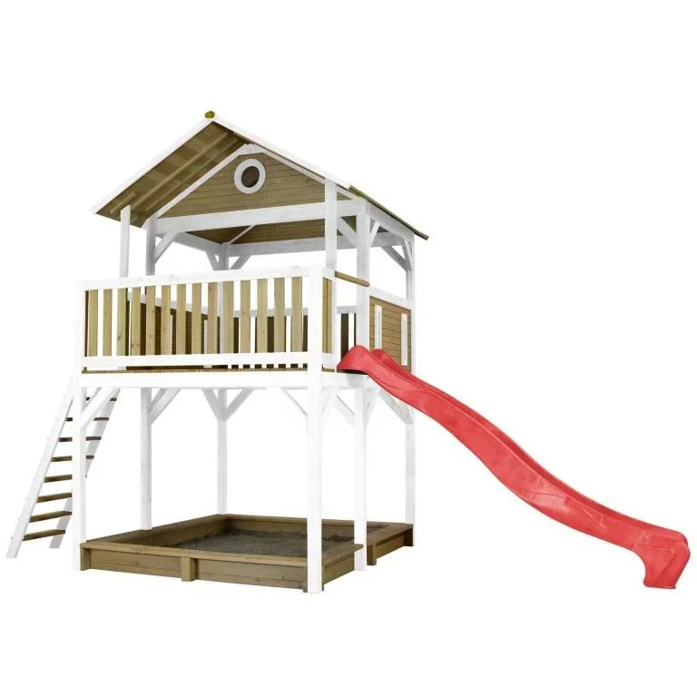 Woody Spielturm Braun/Weiß - Rote Rutsche