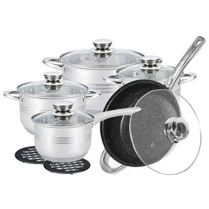Töpfe und Pfannen - 12 Stück - Mit Untersetzern und Deckeln - Marmorbratpfanne - Bratpfanne - Schmorpfanne - Silber