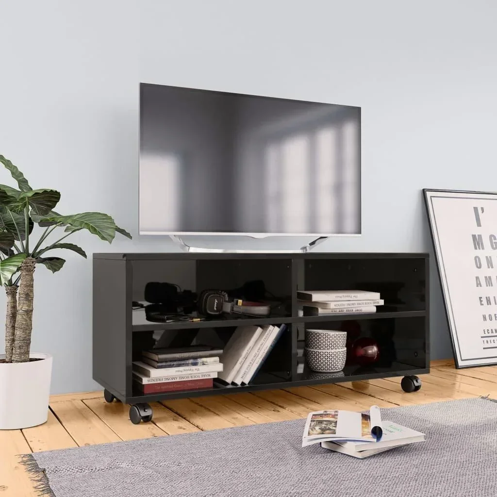 TV-Schrank mit Rollen 90x35x35 cm Spanplatte Hochglanz schwarz