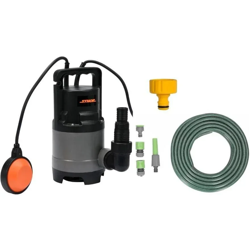 Tauchpumpe - 400W - 8.000 l/h MIT 15-Meter-Gartenschlauch inklusive Düse und Armaturen UND Wasserhahn 1".