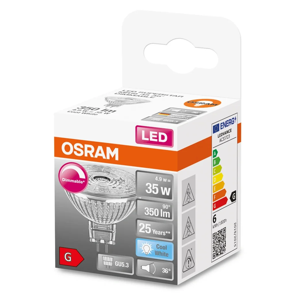 LED SUPERSTAR Reflektorlampe MR16 mit 4,9 Watt, GU5.3, kaltweiß, 36°, dimmbar