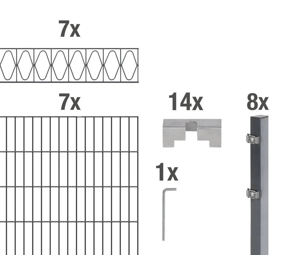Doppelstabmattenzaun Sets anthrazit mit Dekorelement "Eleganz", Länge: 14 m, Höhe: 100 cm