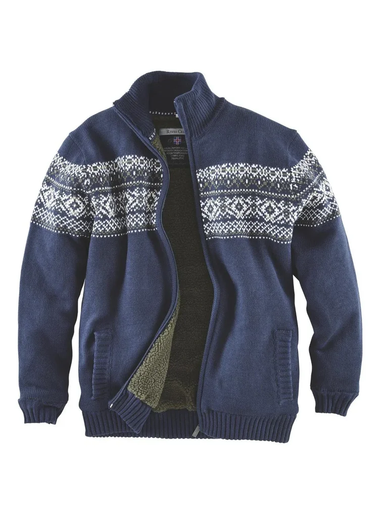 Strickjacke mit Berberfleece, Farbe marine, Gr.3XL