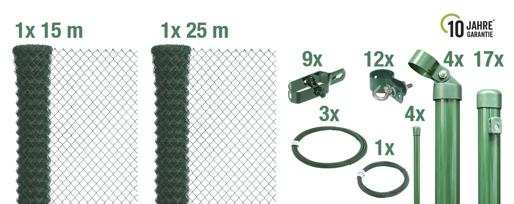 Maschendrahtzaun als Zaun-Komplettset, zum Einbetonieren, grün, Höhe 80 cm, Länge 40 m