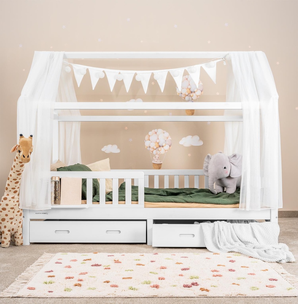 Alavya Home Hausbett CLOUD 90 x 200 cm Komplett-Set – Musselin Dekoset Weiß + Schublade 90 x 200 cm + Kindermatratze COZY 90 x 200 cm (Kaltschaum)