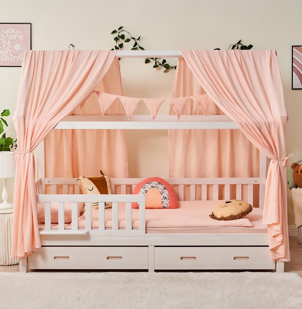 Alavya Home Hausbett CLOUD 90 x 200 cm Komplett-Set – Musselin Dekoset Rosa + Schublade 90 x 200 cm + Kindermatratze COZY 90 x 200 cm (Kaltschaum)