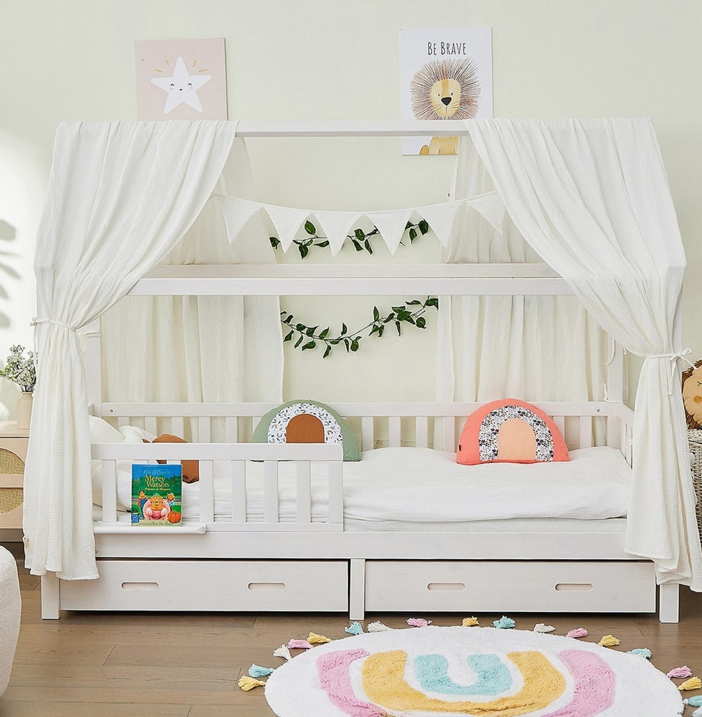 Alavya Home Hausbett CLOUD 90 x 200 cm Komplett-Set – Musselin Dekoset Weiß + Schublade 90 x 200 cm + Kindermatratze COZY 90 x 200 cm (Kaltschaum)