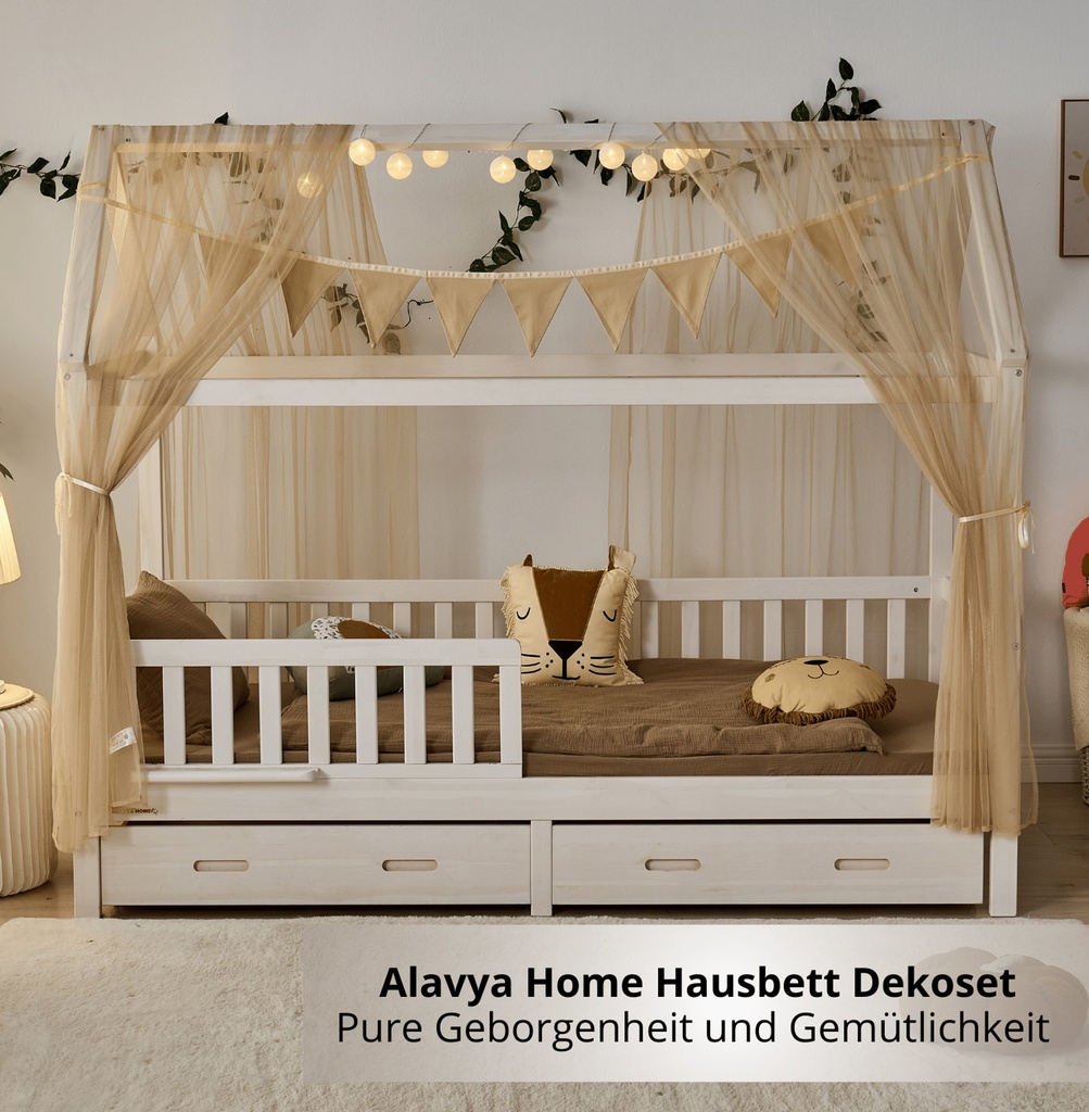 Alavya Home Hausbett Deko-Set 150x350 cm, 3-teilig: 2 Betthimmel + Wimpelkette, Beige (ohne Lichterkette)