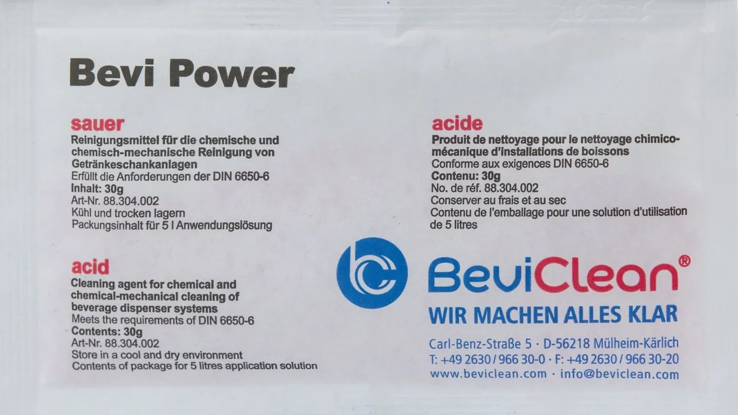Reinigungspulver für Schankanlagen, Chemischen Leitungsreinigung - BEVI POWER SAUER, 30g