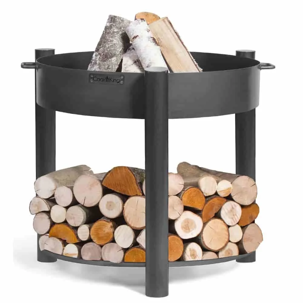Feuerschale, 70 cm, hoch, aus Naturstahl, mit Holzfach