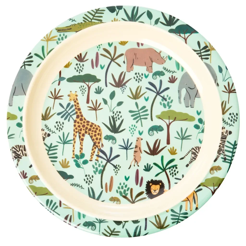 RICE Teller - All Over Jungle Animals Print, Melamin, Farbe: grün