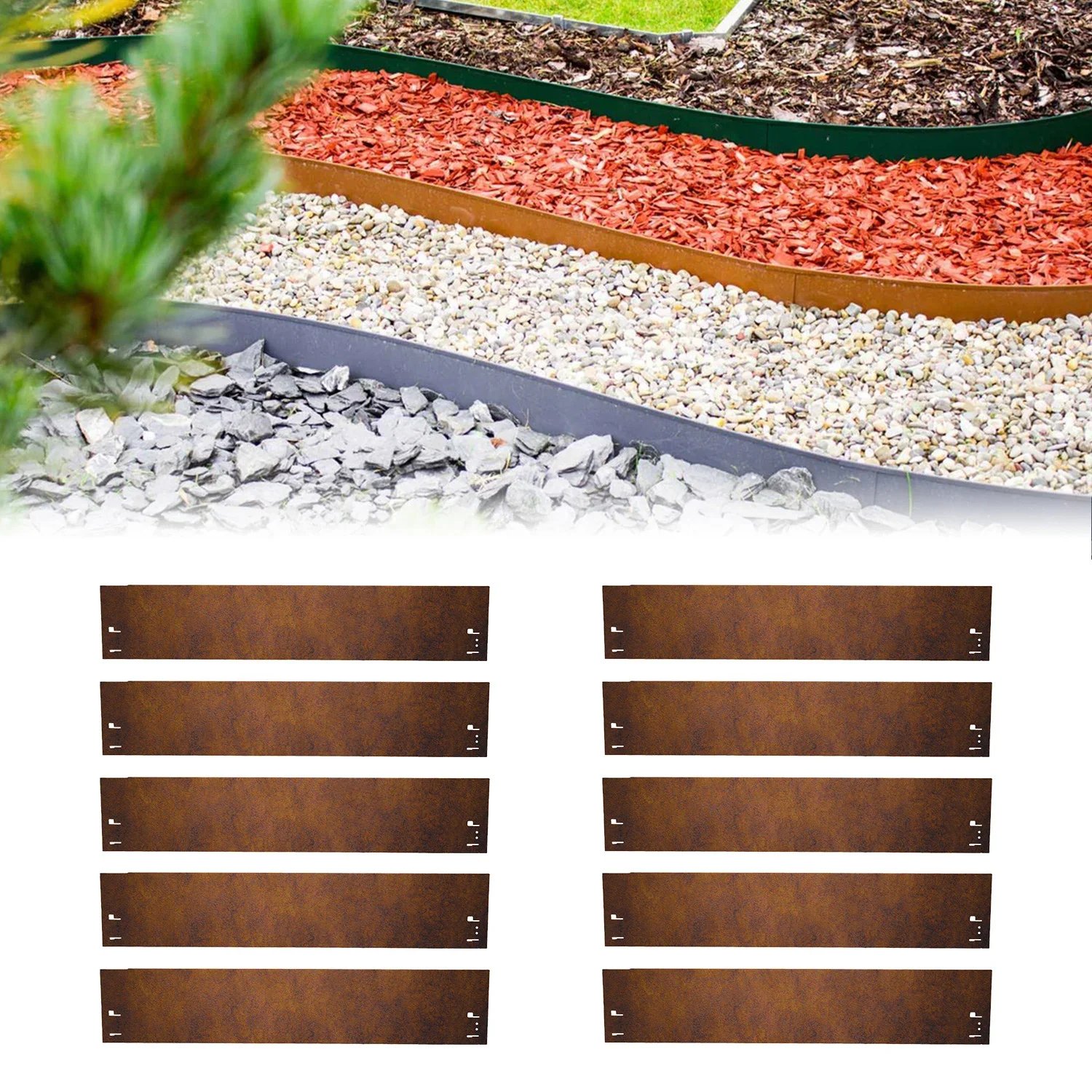 10er Set Rasenkante Cortenstahl 120 cm lang, 13,5 - 18,5 cm hoch, Beeteinfassung, Beetumrandung, Breite: 13.5 cm