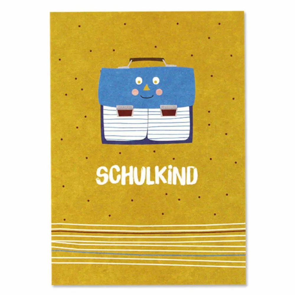 Ava & Yves Postkarte Einschulung Ranzen gelb
