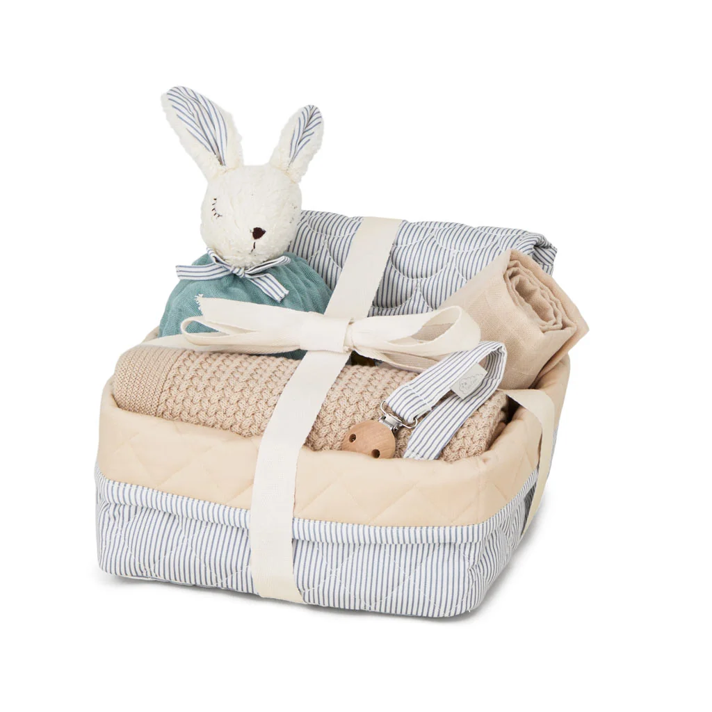 Geschenkkorb Babyparty, blau gestreift, Zubehör und Baby-Aufbewahrungskorb