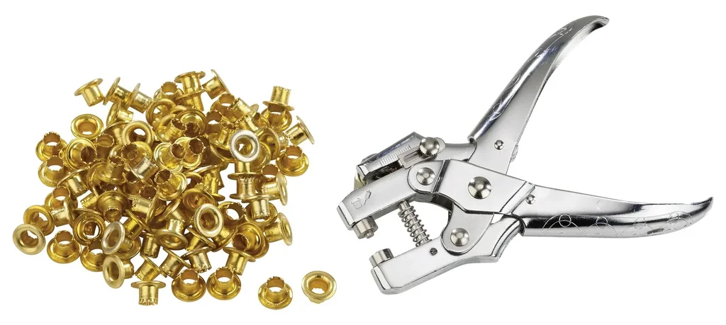 Profi Ösenzange, mit 100 Ösen goldfarbig