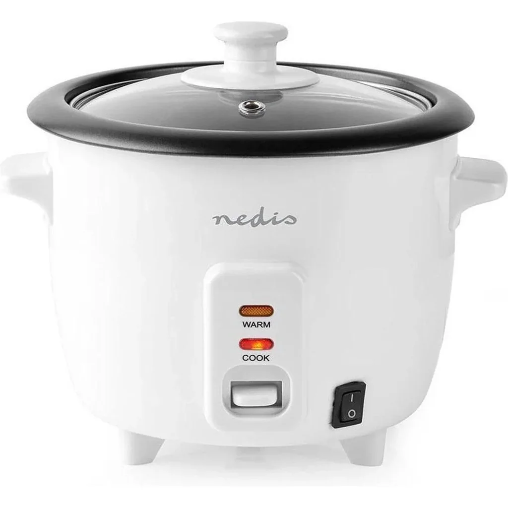 Nedis Reiskocher Abnehmbare Pfanne 0,6L Dämpfkorb Glasdeckel Inkl. Messbecher und Schöpfkelle 300W Weiß
