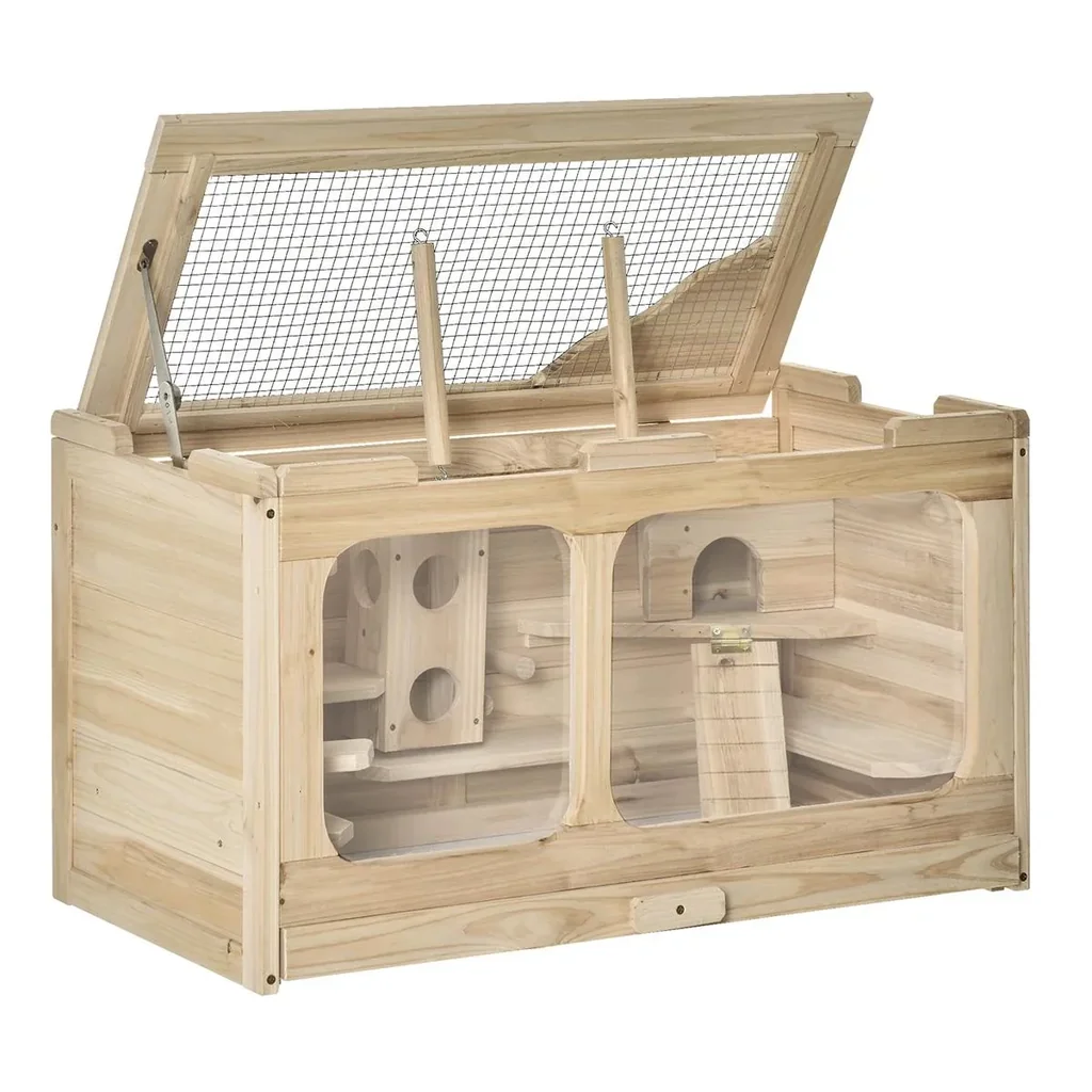 Hamsterkäfig Holz Nagerkäfig Mäusekäfig mit Rampe Schaukel Nagervilla Oben aufklappbar Massivholz PS Natur 78 x 40 x 44